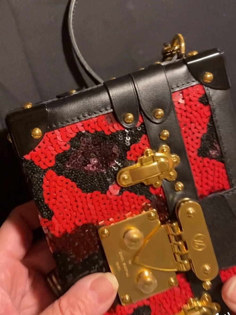 Louis Vuitton Black & Red Sequin Petite Trunk Clutch with Gold Hardware - Picture 13 of 13
